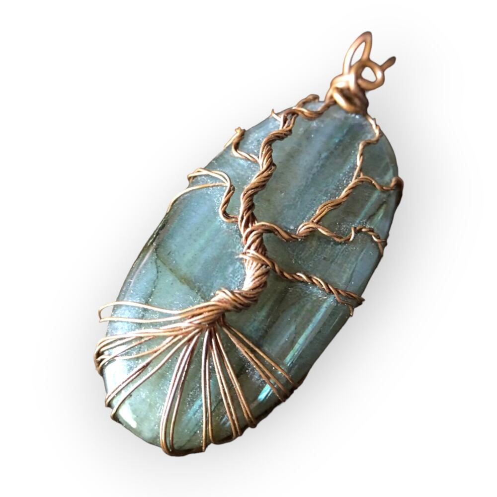 Labradorite Tree of Life Pendant - brass tone wire wrapping